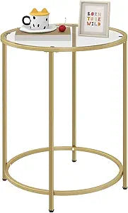 Livofloral Round Side Table, Modern Style Coffee Table, Sofa Table, Table with Metal Shelves and Glass Top, End Table for Living Room, Bedroom, Balcony, Patio, (H) 25.59 inch (D) 19.69 inch, Gold