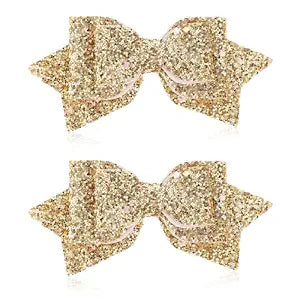 2 Pcs Gold Hair Bow Clips, 5 Inch Glitter Hair Bows for Girls Sparkly Double Bowed Accessories Glitter Sequin Boutique Head Clip Delicate Satin Headwear Set for Birthday Wedding Party Back School Gift