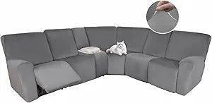 HDCAXKJ Reclining Sectional Couch Covers Velvet L Shaped Sectional Sofa Cover Washable Stretch Soft Corner Recliner Slipcover with Non-Slip Elastic Bottom (5 Seat and 1 Middle Console, Middle Gray)