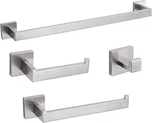 4-Piece Bathroom Hardware Set, Towel Rack Towel Bar Towel Holder Toilet Paper Holder Towel Hooks Modern Square Premium Stainless Steel Brushed Nickel Wall Mounted Bathroom Accessories Set (16inch)