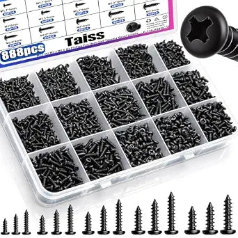 Taiss 888PCS M1.7 M2 M2.3 M2.6 M3 Phillips Pan Head Self Tapping Wood Screws Assortment Kit,15 Sizes Self Tapping Screws for Plastic,Cross Recessed Carbon Steel Black Screw for Wood,Plastic