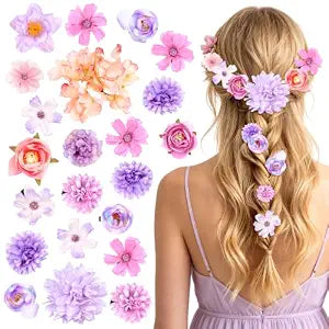 21PCS Flower Hair Clip, Women Boho Hawaiian Hair Barrettes, Girls Pink Purple Floral Bride Headpiece Rose Hair pins for Beach Party Wedding