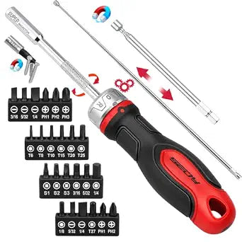 26-Piece Ratcheting Screwdriver Bit Set with 1/4" Magnetic Ratchet Driver, S2 Steel Bits, Telescopic Magnetic Extension Rod, Torx Phillips Slotted & Hex Bits Kit for Home Repair, Garage and DIY