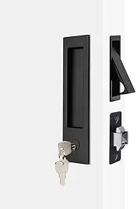 Dontay Pocket Door Handle with Lock and Edge Pull, Narrow Modern Rectangular Keyed Entry Function, Recessed Sliding Door Hardware for 1 3/8 to 2 3/16 Thickness Door (1, Matte Black)