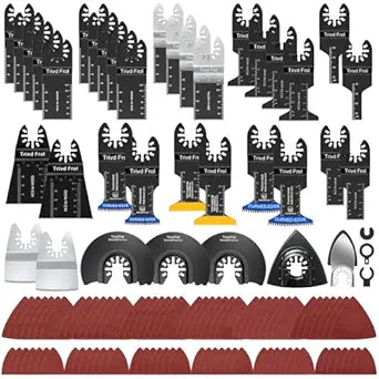 Trivd Frol 121 Pack Oscillating Saw Blades, Titanium Oscillating Tool Blades with Sandpaper, Multitool Blades for Wood Metal Plastics Cutting, Multi Tool Blades Kits Fit Bosch Dewalt Ryobi Milwaukee