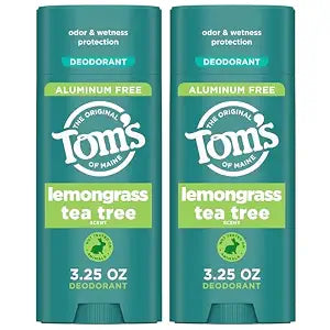 Tom���s of Maine Lemongrass Tea Tree Aluminum Free Natural Deodorant For Women & Men | Goes on Clear | Odor & Wetness Protection | Naturally Derived and Moisture-Locking Ingredients | 3.25 oz (2 Pack)