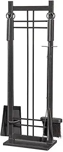 Plow & Hearth 5 Piece Hand Forged Iron Fireplace Tool Set 30" | Black Wrought Iron Handle for Outdoor Indoor | Stand Poker Shovel Brush Log Tongs Wood Stove Accessory