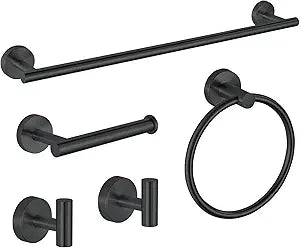 5-Piece Bathroom Hardware Set, Black SUS304 Stainless Steel Bathroom Accessories Kit, Includes 24" Towel Bar, Toilet Paper Holder, Towel Ring & 2 Robe Hooks, Wall Mounted, Rustproof Modern Design