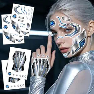 4 Sheets Futuristic Mechanical Temporary Tattoos, Metal Armor Face Tattoos, Waterproof Robot Face Stickers for Halloween Costume Cosplay Party