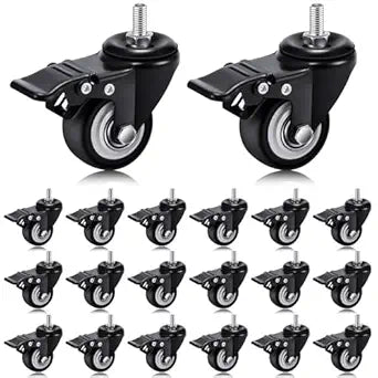 Aurelema Set of 20 M10 Caster Wheels 1.5 Inch M10 x 15 mm Swivel Threaded Stem Caster Locking Standing Desk Wheel Heavy Duty 360 Polyurethane with Dual Brake, No Noise, 400 lb for Cart Desk Furniture