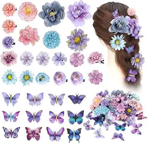33 Pcs Butterfly Flower Clips, Rose Floral Barrettes, Blue Purple