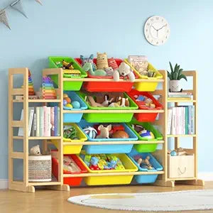 Large Toy Storage Organizer Kids Toy Organizer and Bookshelf Combo with 12 Bins and 6 Shelves Toy Organization Box Toy Shelf for Playroom, Bedroom, Nursery