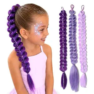 Purple Braids for Kpop Hair Ponytail Extension 24 Inch Pre Braided Long Purple Hair Extensions Synthetic Crazy Hair Day Accessories for School, Ready-to-Wear Lily Love Braids