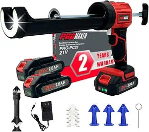 PROMAKER Cordless Caulking Gun, 21V Caulk gun w/ 2 Batteries, LED Light, Adjustable Speed, 3 Nozzle Adapters, 5 Knife Heads, 10 Oz Capacity, 550Lb Pushing Force, Caulk Tool Trowel & Scraper