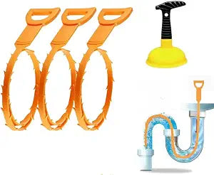 Sink Plunger with 3 Drain Clog Remover Tools Compact Manual Plunger and Flexible Drain Snakes for Unclogging Bathroom, Kitchen, and Shower Drains