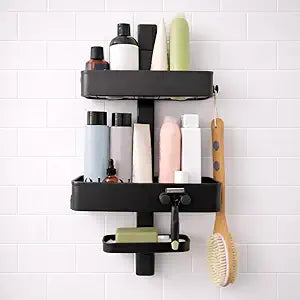 ShowerSMART Rust Resistant Shower Caddy, Wall Mount Shower Storage & Rack with Adjustable Shelves, Easy Clean Trays & Magnetic Hooks for Bathroom Remodel Upgrades, Black