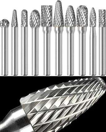 Sworker 10Pcs Carbide Burr Set 1/4 Shank w/Clear Box Max Head Dia 10mm Die Grinder Bits Rotary Tools Attachment Kit Rasp Accessories Metal Wood Stone Steel Grinding Deburring Cutting Porting Carving