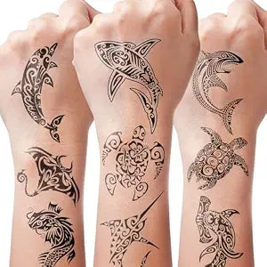 16 PCS Black Tribal Totem Temporary Tattoo Stickers for Women Men, Maori Stingray Shark Whale Turtles Seahorses Patterns, Long-lasting Waterproof Removable Body Art Makeup Fake Tattoo