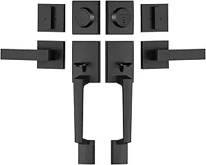 TICONN Double Front Door Handle Set, Heavy Duty Square Door Lever and Single Cylinder Deadbolt Combo for Side by Side Entrance Exterior Doors (Matte Black)