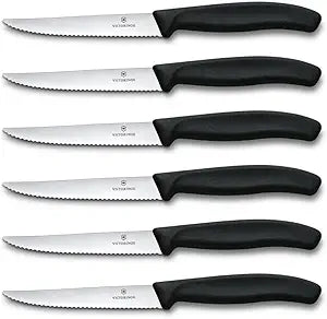 Victorinox Swiss Classic Steak Knife Set Ideal for Slicing a Wide Variety of Steak Cuts Serrated Blade in Black, Set of 6