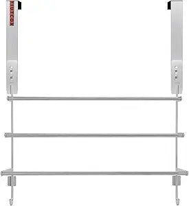 Over The Door Towel Rack, 304 Stainless Steel Towel Racks for Bathroom with 3-Tier Adjustable Pole, 2 Punch-Free Screw Stickers, 22.83 * 17.71-29.52 * 6.14 Inch, Silver