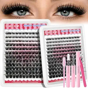 Wispy Lash Clusters Kit, 144Pcs Volume Individual Cluster Eyelash Extensions, D Curl 8���16mm Soft Thin Band DIY Lashes Extension with Lash Bond & Seal, Tweezers & Brush for Dail