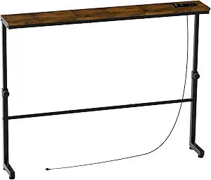 Aduanbang Adjustable Height Narrow Console Table with 2 Power Outlets, 39.4" Long x 5.9" Wide, Slim Behind Sofa Table, Rustic Brown Ideal for Living Room, Entryway, or Hallway