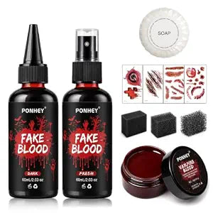 6 PCS Halloween Fake Blood Makeup Kit, Fake Blood Spray & Dripping Blood, Coagulated Gel, 3 Sponges, 4 Tattoos & Soap, Washable Realistic Splatter & Drip for Vampire Zombie Monster SFX Cosplay