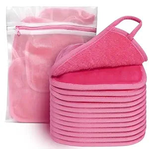 KODAMO Makeup Remover Cloth, Reusable Makeup Remover Pads Washable Travel Bag, Microfiber Makeup Removal Face Wash Cloths with Just Water, Gentle Soft,12 Pack, Pink