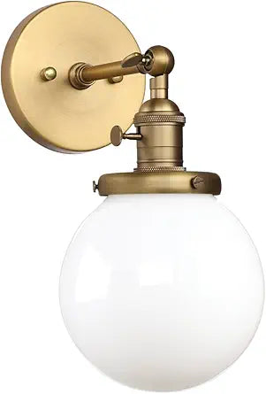 Pathson Hardwired Wall Sconce with White Globe, Brass Bathroom Vanity Light with On Off Switch, Vintage Wall Light Fixtures for Living Room Loft Hallway