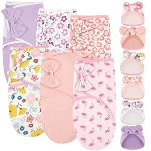 Ramede 6 Pack Swaddle Blanket with Hats for Baby Girl Boy 100% Cotton Swaddles 0-3 Months, Adjustable Breathable Skin Friendly Receiving Blanket Wrap, Essential for Newborns(Bow,Pink)
