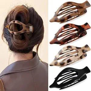 4 PCS Large Flat Hair Clips for Women Girls, French Concord Lay Down Claw Clips for Thick Thin Hair, Comfortable Curved Flat Clip, Leopard Print Stylish Strong Hold Hair Accessories, Tortoise
