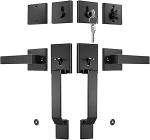 Tinewa Black Double Front Door Lock Set with Door Lever and Single Cylinder Deadbolt, Matte Black Double Door Handle with Dummy, Exterior Entry Door Lock, Reversible for Left & Right Handed 1 Pack