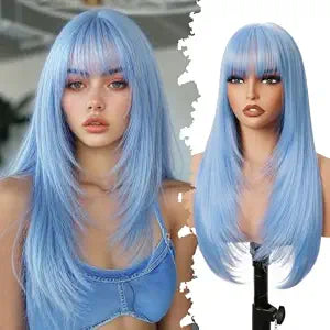 Light Blue Wig with Bangs for Women Synthetic Long Straight Layered Wig 26”