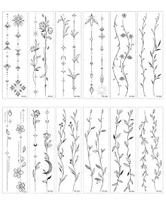 12 Sheets Temporary Tattoos for Women Simple Vines Line Fake Tattoos