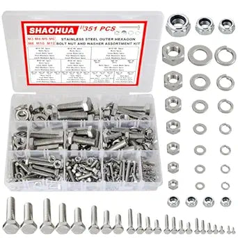 M3/M4/M5/M6/M8/M10/M12 Metric Bolt Assortment Kit, 304 Stainless Steel Heavy Duty Flat Hex Head Screws Bolts and Nuts Kit, Nuts Flat Gasket and Lock Washers Assortment Ki, Silver, 351Pcs
