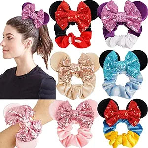 6 Pack Mouse Ears Scrunchies Sequin Mouse Bows Ponytail Holders for Girls