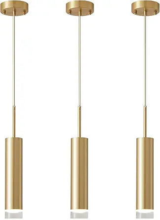 KCO Lighting Long Tube Pendant Lights Kitchen Island Small Gold Pendant Light Mini Cylinder Pendent Lights Industrial Mid Century Modern Hanging Light Bushed Brass Living Room Light 3 Pack