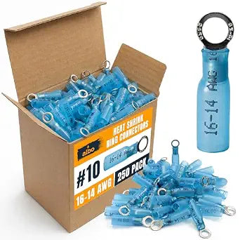 ALBO 250PCS #10 Blue Heat Shrink Ring Terminal Kit 16-14 AWG Wire Terminal Connectors Assortment, Waterproof Tinned Copper Electrical Ring Connectors