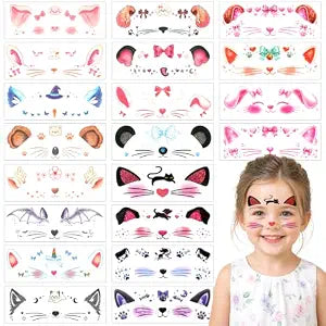 Konsait 20 Sheets Animal Face Tattoos for Boys Girls, Fake Makeup Tattoo - Cat, Dog, Rabbit, Elephant, Bat Halloween Temporary Face Tattoos Party Favors
