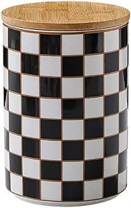 Kitchen Countertop Ceramic Checkered Canisters,Black And White Food Storage Containers With Lid,Airtight Kitchen Canisters for Flour, Sugar, Coffee, Tea, and Dry Goods (Black, XL)