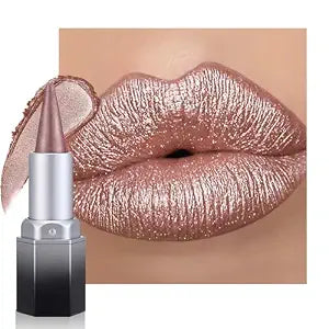 FeiCuiYun Champagne Metallic Lipstick & Lip Liner Combo For Women with Metallic 3D Shine Lightweight Hydrating Formula, Cone Tip Lip Crayon Long Lasting Waterproof, Hydrating Lipstick Makeup