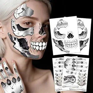 4 Sheets Halloween Tattoos, Mechanical Style Halloween Face Temporary Tattoos, Waterproof Mechanical Skeleton Face Tattoos Stickers Make Up Accessories for Carnival Halloween Masquerade