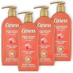 Caress Creamy Guava Nectar Moisturizing Body Wash with Pump, Serum-Infused Formula with Vitamin C, Fruity Citrus Woody Long Lasting Fragrance, Dermatologist Tested, 20 fl oz (4 Pack)