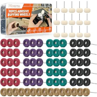 90-Piece Abrasive Buffing & Polishing Wheel Set - 1/8" Shank, 1" (25mm) 80-800 Grit, 15 Wool Felt Buffing Wheels, Rotary Tool Polishing Kit for Metal, Jewelry, Wood, Glass