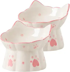 Zerodeko 2 Pack Elevated Ceramic Cat Bowls with Neck Guard for Whisker Relief Raised Pet Feeding Bowls Anti-Spill Stable Easy Clean 4.52In for Cats and Small Dogs