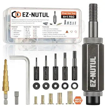 Multi-Grip Rivet Nut Installation Tool Set Pre-Bulbed Shank Flat Head Threaded Insert Nut Plus Nuts Assortment Kit Cross Rivnut for Construction Industrial (Metric Plus Nut Tool Assortment)