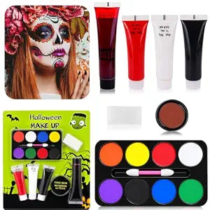 8 Colors Face Body Paint Kit, Halloween SFX Makeup, Black White Red Face Paint + SFX Fake Blood Washable + Fake Skin Imitation, Body Painting Kit for Halloween SFX Makeup Cosplay Joker Costume Part