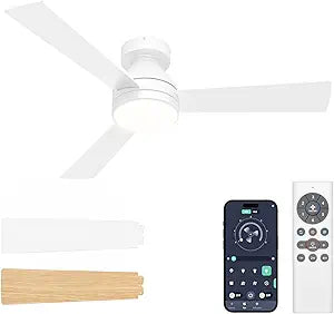 VOLISUN Ceiling Fans with Lights Flush Mount, 42 inch Low Profile Ceiling Fan with Light and Remote, Queit & Reversible Motor,3CCT, Dimmable, White Modern Ceilings Fans for Bedroom, Living Room