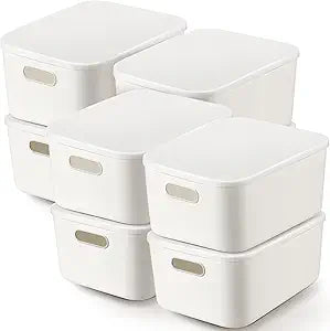 Tuanse 8 Pieces White Plastic Storage Bins with Lids, Stackable Storage baskets with Handle Containers Box for Shelves Drawers Desktop Playroom Classroom Office Organization(14 x 10.5 x 6.5 Inches)